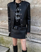 韩国女装w帅飒菱形，衍缝个性pu皮衣，短外套+高腰短裙潮款套装