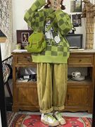 套装单件秋季日系学生女，宽松绿色衬衫+嘻哈毛衣，+阔腿裤三件套潮