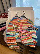 捡漏彩虹条纹编织绑带针织，开衫秋季女甜美减龄洋气设计感毛衣外套