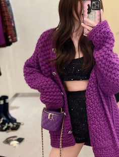 mmz早秋时尚宽松版紫色，编织针织开衫外套粗棒针中长款加厚款毛衣