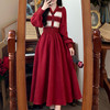 法式v领针织拼接红色连衣裙，女秋冬大码灯芯绒假两件加厚毛衣长裙