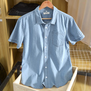 外贸出口单 全棉水洗做旧夏季薄款时尚休闲牛仔衬衫男短袖衬衣潮