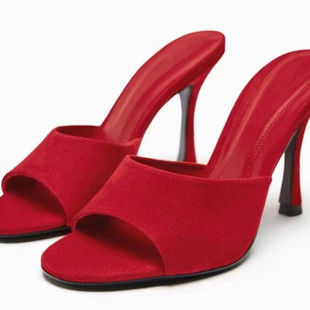 西班牙2023夏家红色一字绒面性感，女鞋质感外穿穆勒细高跟凉拖