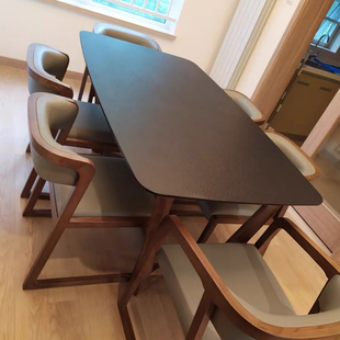 北欧火烧石餐桌椅组合现代简约家用小户型长方形大理石实木吃饭桌