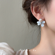 海蓝蓝清透蓝色锆石花朵天然珍珠，耳环女夏天轻奢小众气质耳钉耳饰