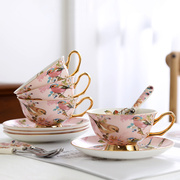 欧式轻奢骨瓷咖啡杯套装陶瓷金边花鸟下午茶杯碟英式杯碟杯具带勺
