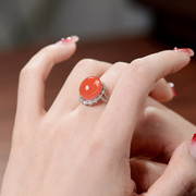 南红玛瑙戒指蛋面樱桃红，925银可调节指环，女款气质新中式手饰红色