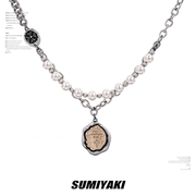 sumiyaki美式古币金银，撞色涂鸦珍珠十字架项链，女多层复古小众吊坠