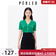 飘蕾outlets绿色短袖针织衫，2023夏季修身显瘦清新套头上衣女