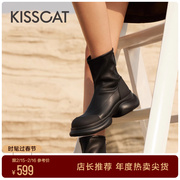 kisscat接吻猫机能厚底烟筒靴，2023冬机车，风短靴弹力瘦瘦靴女