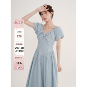 木易易蓝色法式连衣裙，女夏季2024蝴蝶结，v领收腰显瘦气质长裙