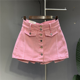 韩版2024年春夏粉红色，减龄甜辣排扣牛仔，半身裙高腰a字裤裙子