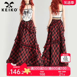 KEIKO 美式复古红色格纹半身长裙24夏季文艺松紧高腰A字大摆伞裙