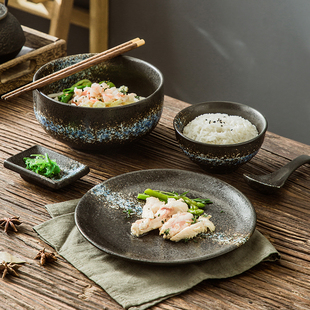 日式复古餐具家用一人食陶瓷碗具套装饭碗盘子高颜值个人专用瓷碗