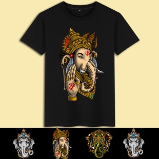 国潮复古风印花泰国大象动物，图案衣服夏季青年男生休闲短袖t恤衫