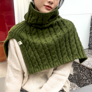 外搭围脖套头高领毛衣，配大衣护颈针织毛线围巾，女冬季绿色披肩斗篷