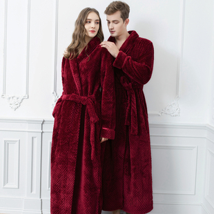 睡袍女款秋冬季加长款法兰绒加厚加绒情侣睡衣红色男士珊瑚绒浴袍
