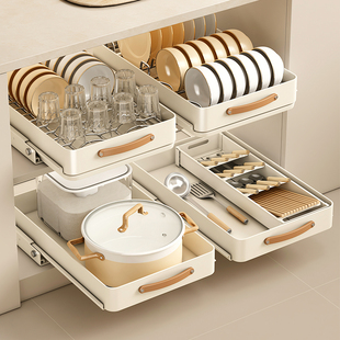 厨房碗盘收纳架橱柜自制拉篮抽拉式碗碟置物架内置放碗餐具沥水架