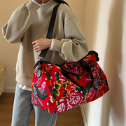 民族风旅行包大容量东北大花棉袄健身包女通勤旅行个性手提行李袋