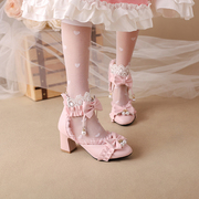 夏季儿童凉鞋女洛丽塔鞋高跟公主鞋蝴蝶结包头Lolita女童凉鞋