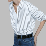 massino dutti 女装 纯棉宽松版polo领衬衫 黑白条纹长袖小众衬衫