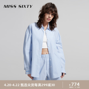 Miss Sixty2024夏季衬衫女运动休闲风减龄百搭蓝白条纹长袖