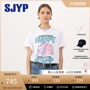 2024春季韩国SJYP可爱彩色小恐龙图案印花圆领短袖T恤
