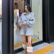 韩国2023秋冬季女士加绒棉字母刺绣短卫衣短裤套装灰色ins潮