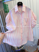 DHR 超好看法式甜美粉色花苞袖条纹短袖衬衫上衣女宽松遮肉韩系夏