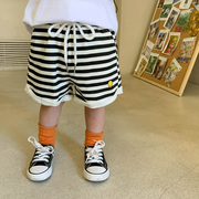 儿童夏装休闲外穿运动裤子黑白条纹系带婴儿，男女宝宝短裤夏季薄款