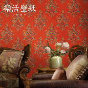 美式3D立体无纺布欧式墙纸奢华烫金高档卧室客厅背景壁纸家用红色