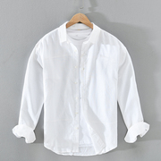 男士亚麻长袖衬衫夏季棉麻布料男装商务休闲白色衬衣潮流寸衫上衣