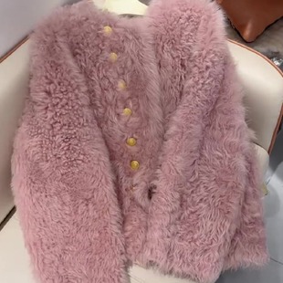 粉色小香风羊羔，毛仿皮草外套女冬季2023轻熟风小个子上衣时尚
