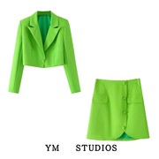 辣妹博主风果绿色时尚两件套西服套装短款女士西装外套半身裙短裙