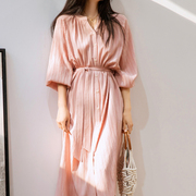 法式复古天丝衬衫裙粉色中长款优雅气质宽松系带棉质连衣裙长裙女