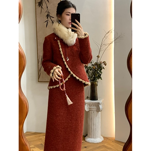 三个裁缝 新中式国风加厚保暖毛呢套装裙女装两件套红色秋冬