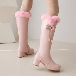 白色粉红色靴子粗跟中跟高筒靴，女甜美学院秋冬鞋大码小码女靴tg