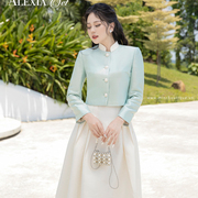 越南小众品牌mint2023年秋季限定淑女风薄荷绿珍珠，扣套装伞裙