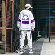 春秋男士工装套装加肥加大码连帽运动青少年韩版潮流男装一套新