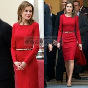 高端定制西班牙王后同款红色长袖圆领修身包臀连衣裙女及膝简约OL