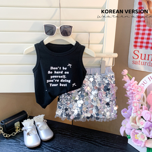 韩国童装2024夏装女童洋气字母，背心套装女宝宝亮片短裙两件套