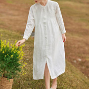 白色圆领长袖衬衫式长裙褶皱设计感亚麻百搭中长款连衣裙旅游休闲