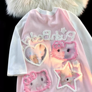 日系可爱kitty猫插肩短袖t恤女夏季纯棉宽松设计感甜美学生体恤衫