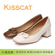 KISSCAT接吻猫2024春款粗跟方头浅口羊皮女鞋单鞋气质法式中跟鞋