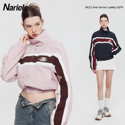 nariele美式秋季拉链，开衫粉色立领棒球服女宽松小个子辣妹外套