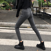 牛仔裤女2022春季高腰烟灰色韩版学生显瘦黑色chic紧身小脚裤