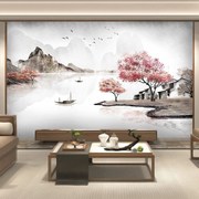 新中式远山森林电视壁布客厅沙发水墨山水壁画8D万紫千红背景墙布