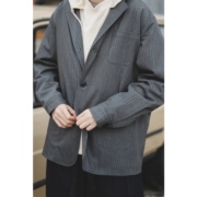stillslow复活款日系复古休闲宽松灰色条纹西装，外套男女夹克