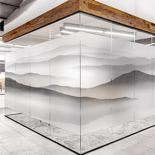 新中式中国风艺术山水画办公室创意静电贴纸磨砂玻璃贴膜家用定制