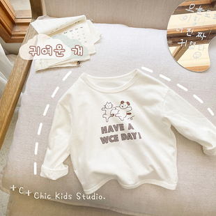 100%纯棉儿童长袖t恤卡通上衣秋装可爱印花男女童宝宝白色打底衫